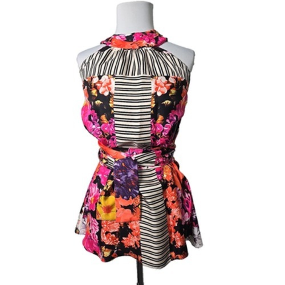 ETCETERA 100% Silk Floral Stripe Halter Top Size 00 (New-Read)
